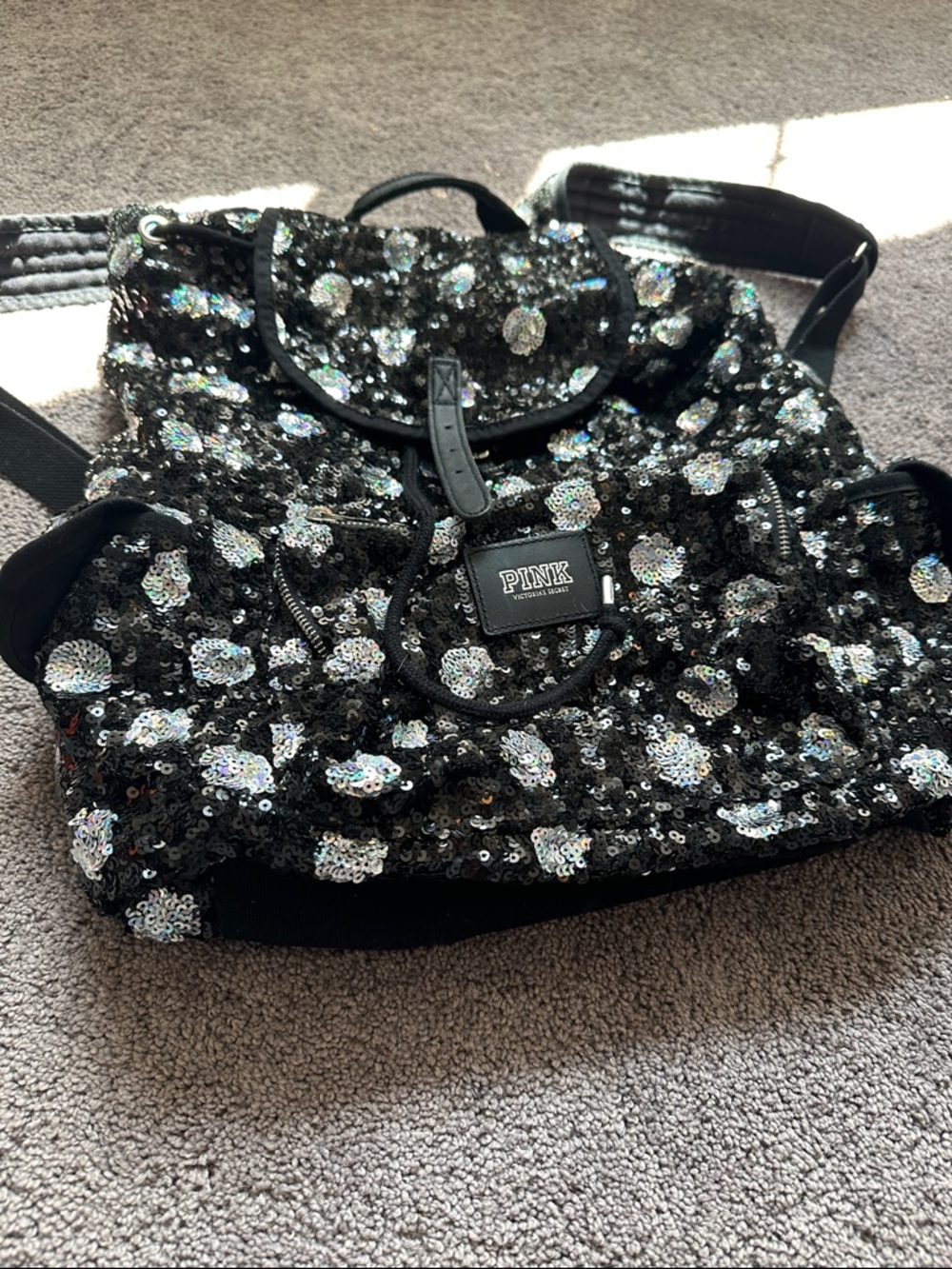 PINK Victoria's Secret Black Sequin Floral Drawstring Backpack - Picture 3 of 9